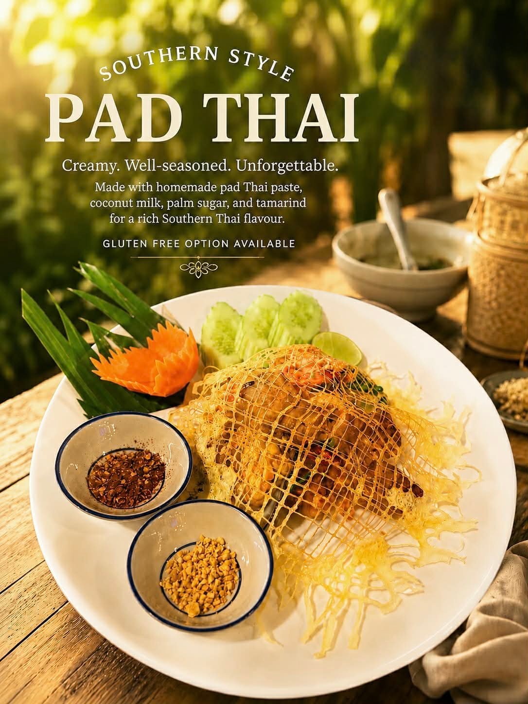 Southern style Pad Thai dish on white plate with crispy noodles, shrimp, fresh garnishes, and sauce bowls on wooden table