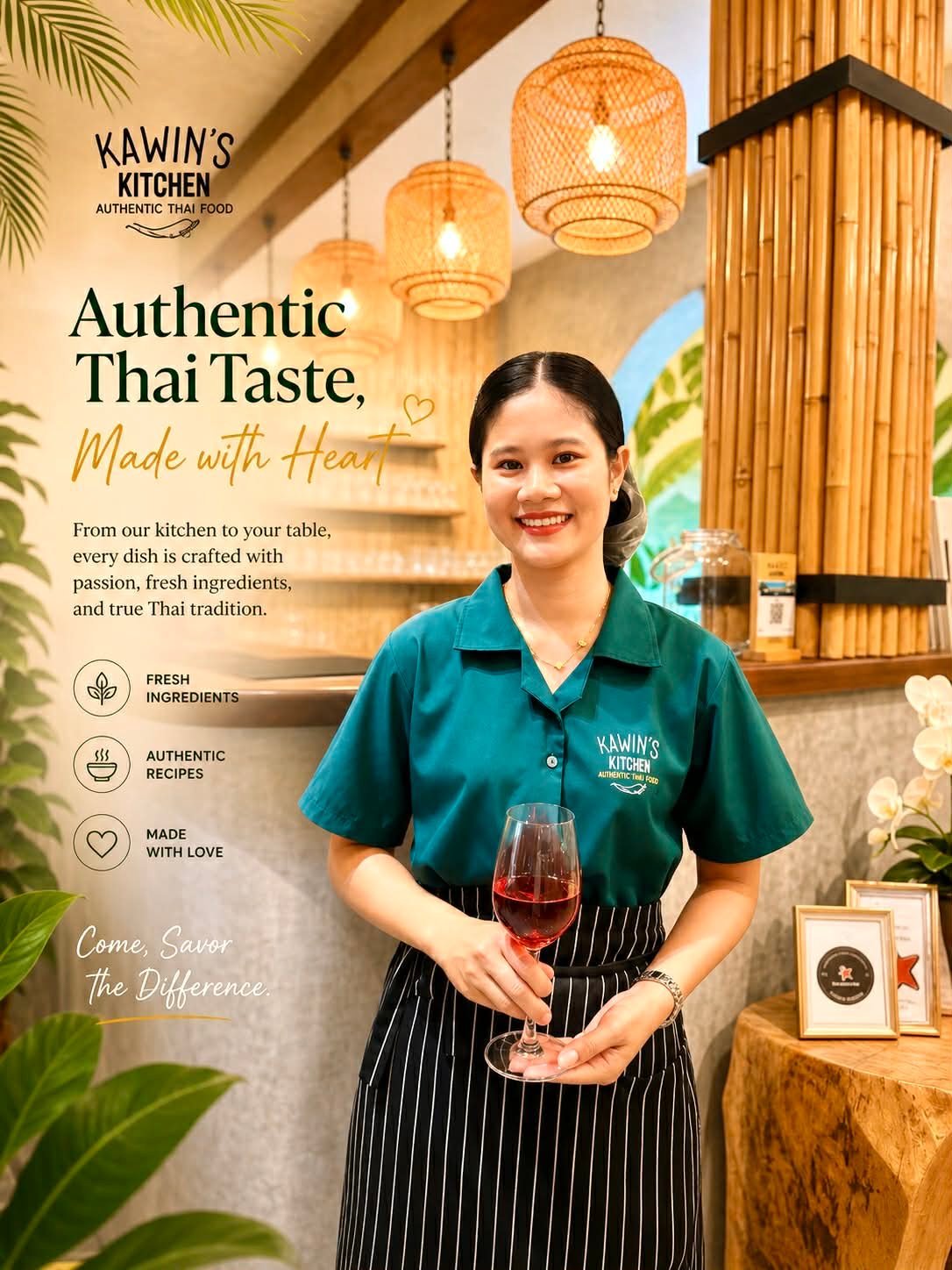 Smiling Thai chef in teal uniform holding red drink in modern restaurant with woven pendant lights and wood accents