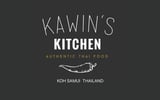 Kawins Kitchen logo with text Authentic Thai Food and Koh Samui Thailand on dark gray background with chili pepper icon